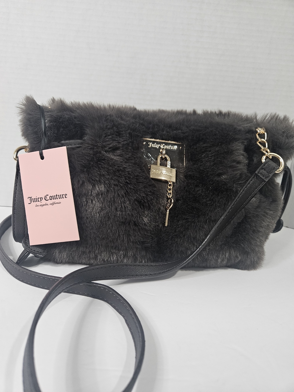 Juicy Couture Black Faux Fur Crossbody Bag with Gold Lock